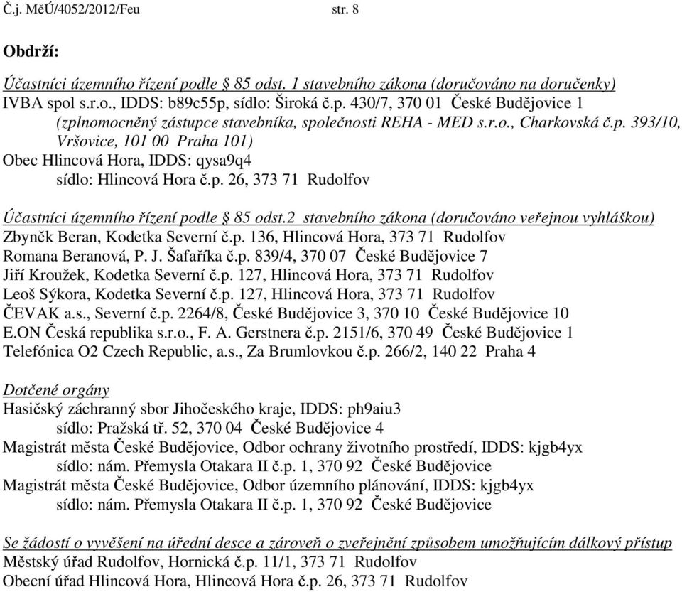 2 stavebního zákona (doručováno veřejnou vyhláškou) Zbyněk Beran, Kodetka Severní č.p. 136, Hlincová Hora, 373 71 Rudolfov Romana Beranová, P. J. Šafaříka č.p. 839/4, 370 07 České Budějovice 7 Jiří Kroužek, Kodetka Severní č.