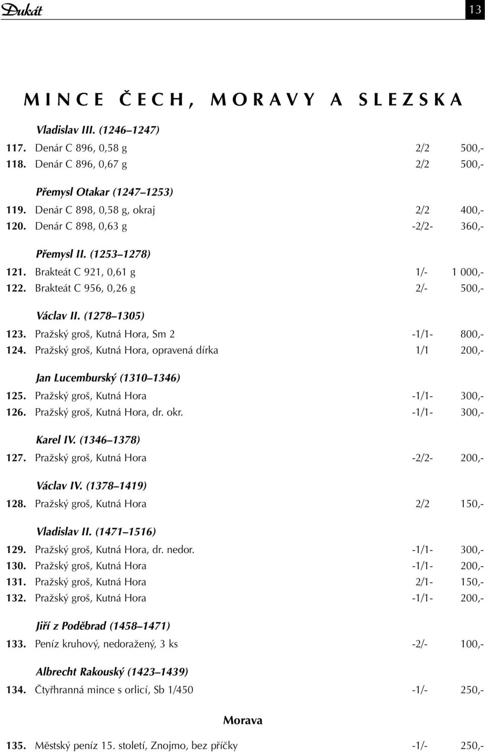 (1278 1305) 123. Pražský groš, Kutná Hora, Sm 2-1/1-800,- 124. Pražský groš, Kutná Hora, opravená dírka 1/1 200,- Jan Lucemburský (1310 1346) 125. Pražský groš, Kutná Hora -1/1-300,- 126.