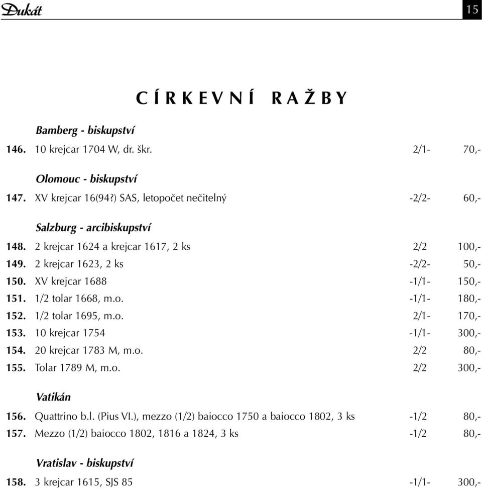XV krejcar 1688-1/1-150,- 151. 1/2 tolar 1668, m.o. -1/1-180,- 152. 1/2 tolar 1695, m.o. 2/1-170,- 153. 10 krejcar 1754-1/1-300,- 154. 20 krejcar 1783 M, m.o. 2/2 80,- 155.