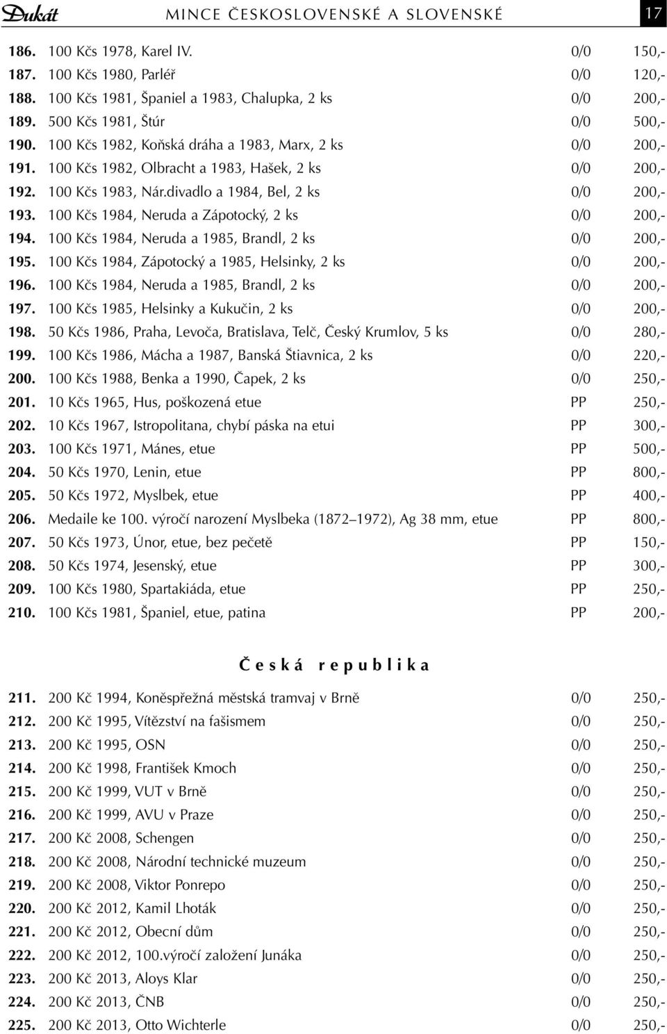 divadlo a 1984, Bel, 2 ks 0/0 200,- 193. 100 Kčs 1984, Neruda a Zápotocký, 2 ks 0/0 200,- 194. 100 Kčs 1984, Neruda a 1985, Brandl, 2 ks 0/0 200,- 195.