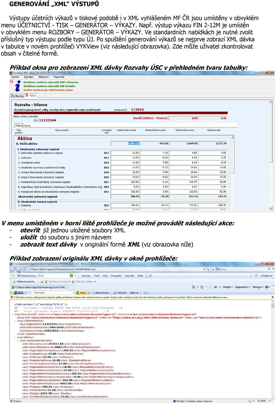 Po spuštění generování výkazů se nejprve zobrazí XML dávka v tabulce v novém prohlížeči VYKView (viz následující obrazovka). Zde může uživatel zkontrolovat obsah v čitelné formě.