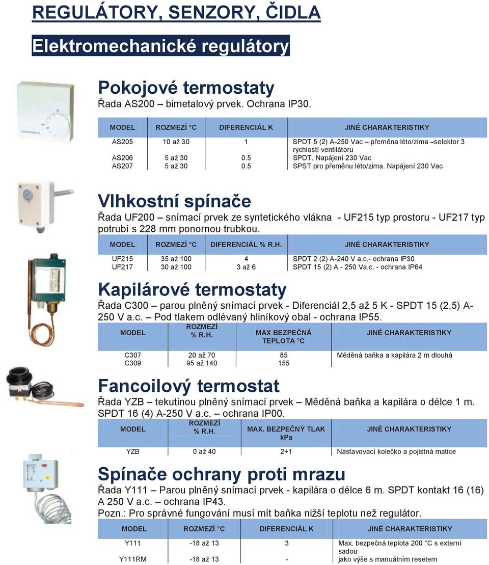 5 SPST pro přeměnu léto/zima. Napájení 230 Vac Vlhkostní spínače Řada UF200 snímací prvek ze syntetického vlákna UF215 typ prostoru UF217 typ potrubí s 228 mm ponornou trubkou.