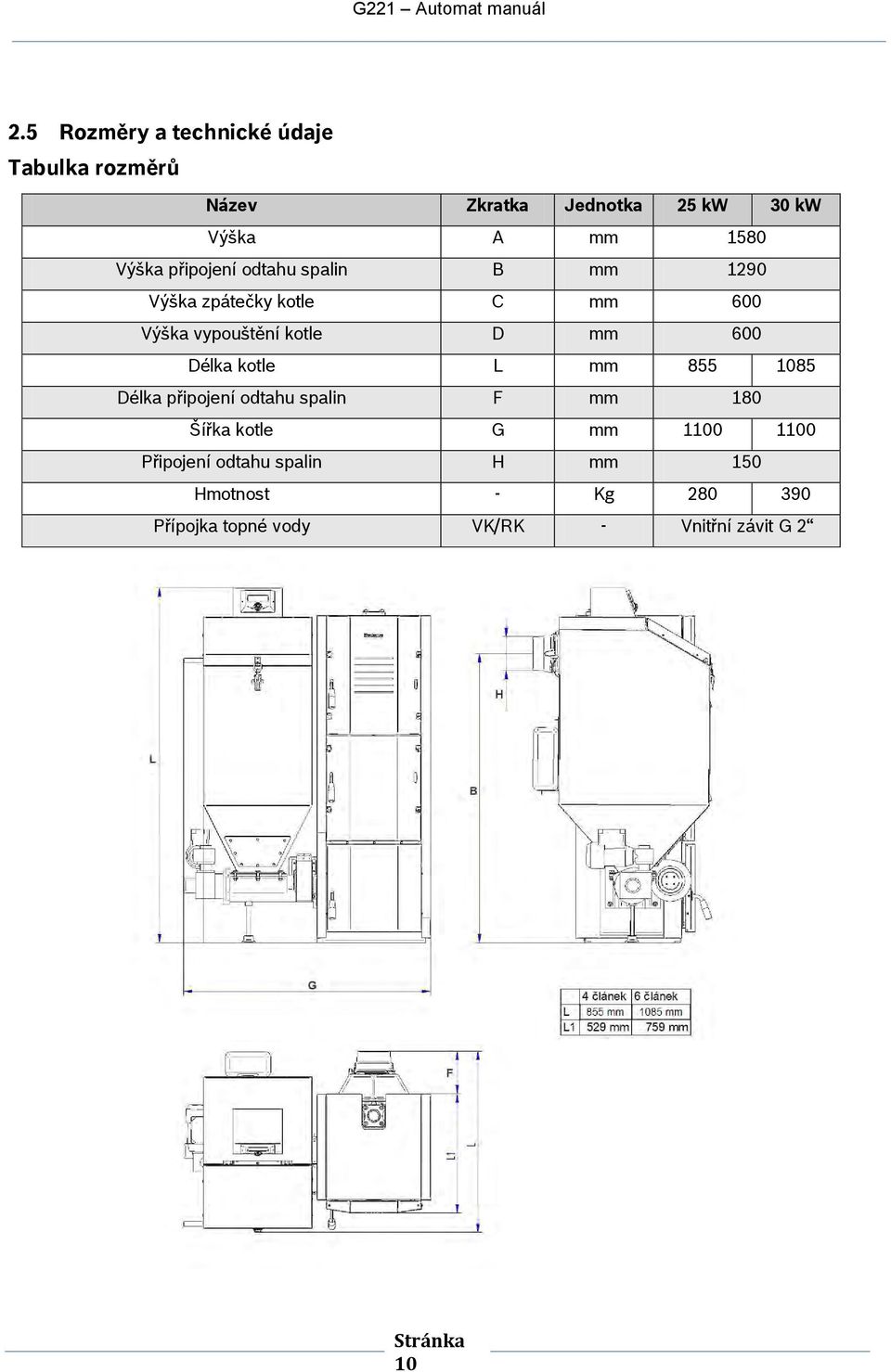 600 Délka ktle L mm 855 1085 Délka připjení dtahu spalin F mm 180 Šířka ktle G mm 1100 1100