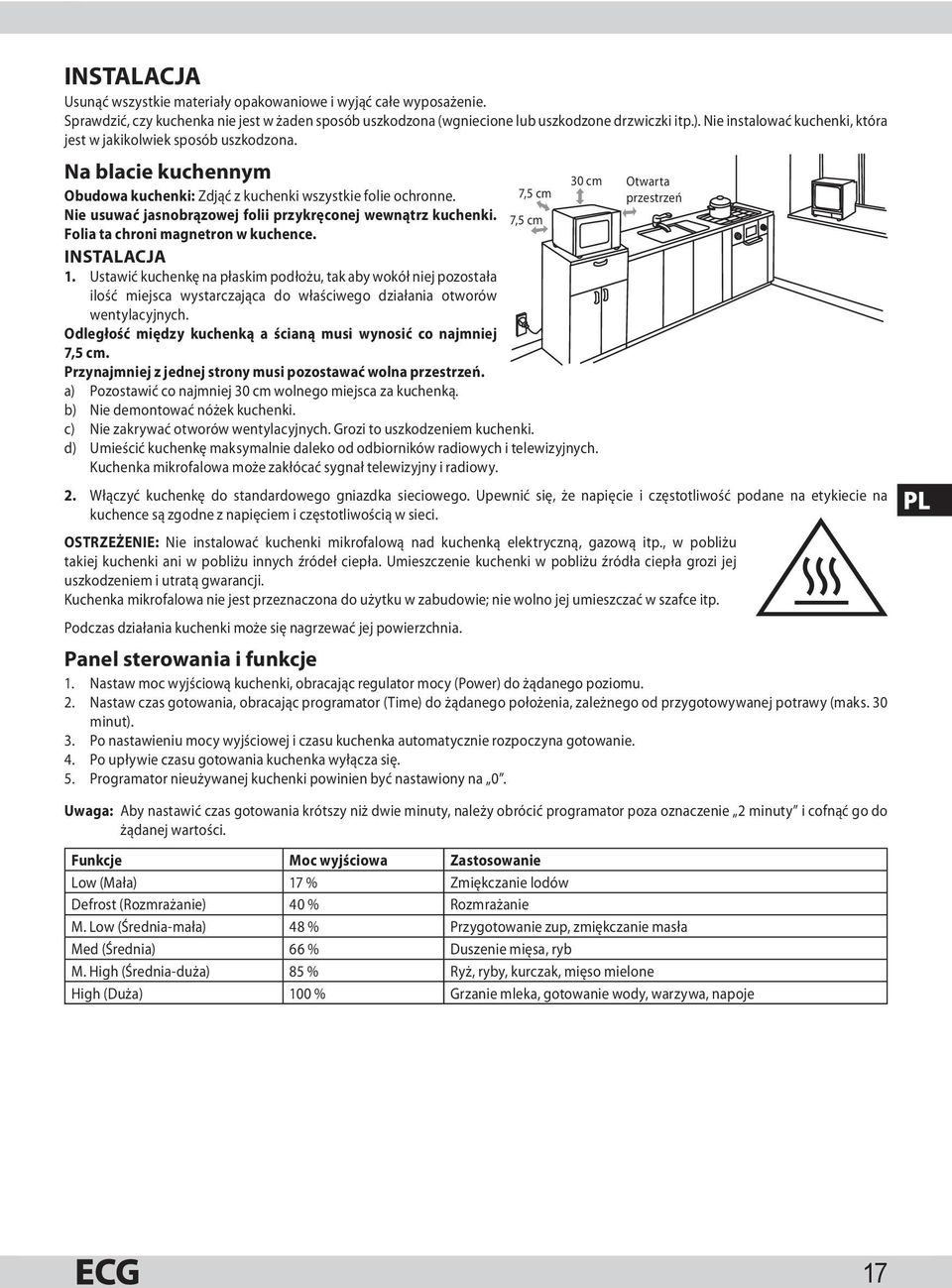 Nie usuwać jasnobrązowej folii przykręconej wewnątrz kuchenki. Folia ta chroni magnetron w kuchence. INSTALACJA 1.