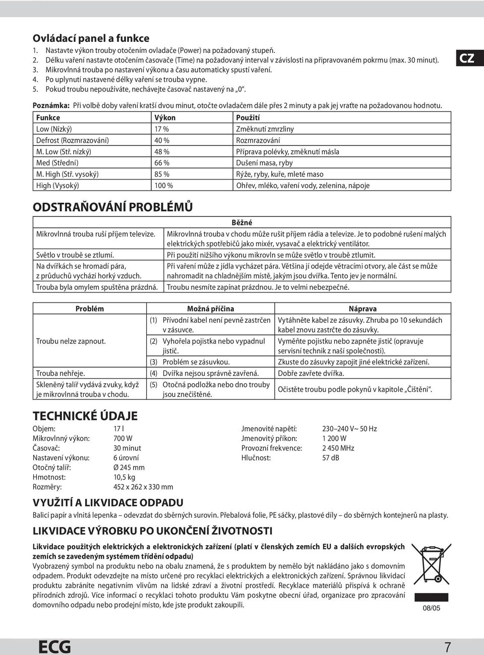 4. Po uplynutí nastavené délky vaření se trouba vypne. 5. Pokud troubu nepoužíváte, nechávejte časovač nastavený na 0.