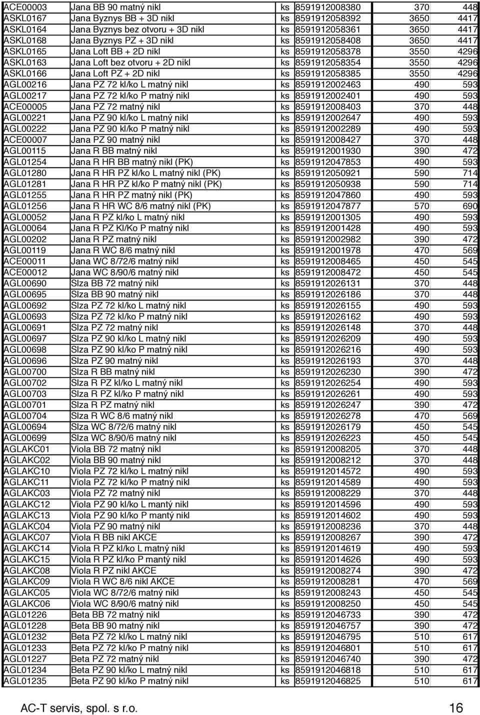 nikl ks 8591912058385 3550 4296 AGL00216 Jana PZ 72 kl/ko L matný nikl ks 8591912002463 490 593 AGL00217 Jana PZ 72 kl/ko P matný nikl ks 8591912002401 490 593 ACE00005 Jana PZ 72 matný nikl ks