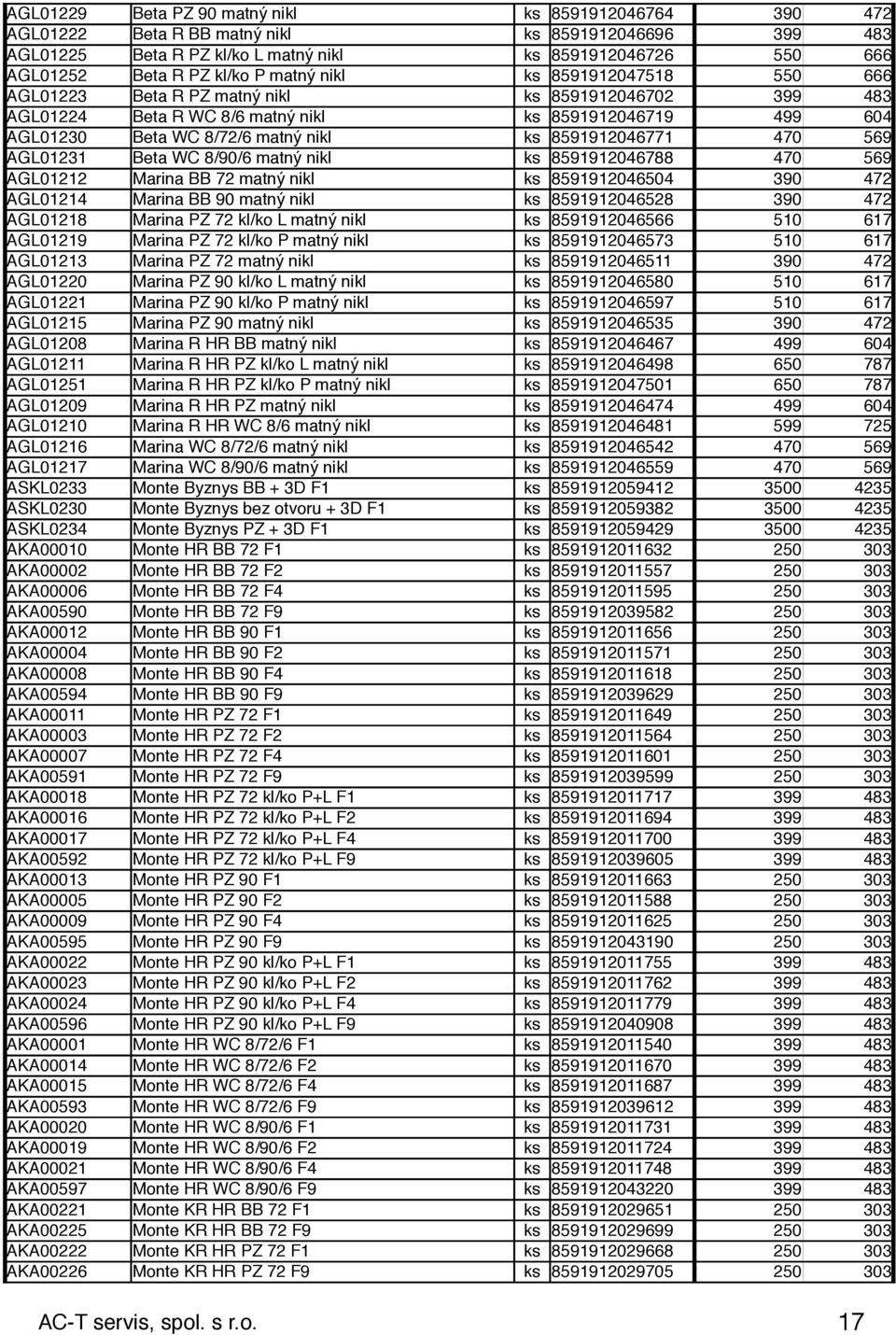 8591912046771 470 569 AGL01231 Beta WC 8/90/6 matný nikl ks 8591912046788 470 569 AGL01212 Marina BB 72 matný nikl ks 8591912046504 390 472 AGL01214 Marina BB 90 matný nikl ks 8591912046528 390 472