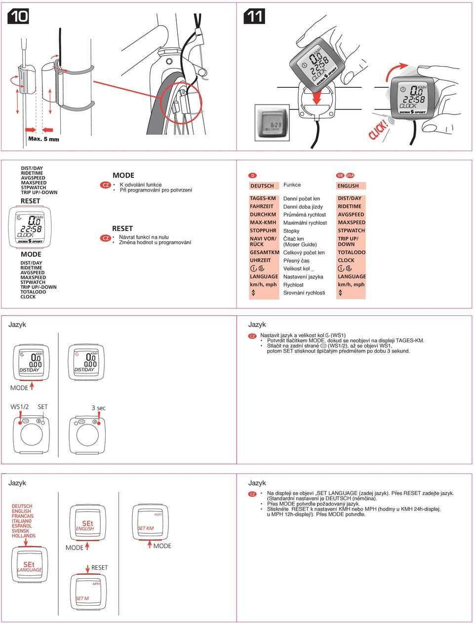 Funkce TAGE-KM Denní počet km FAHRZEIT Denní doba jízdy DURCHKM Průměrná rychlost MAX- Maximální rychlost TOPPUHR topky NAVI VOR/ Čítač km RÜCK (Moser Guide) GEAMTKM UHRZEIT Přesný čas _ LANGUAGE