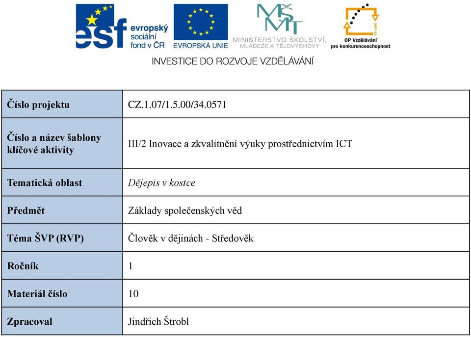 výuky prostřednictvím ICT Tematická oblast Předmět Téma ŠVP (RVP) Dějepis