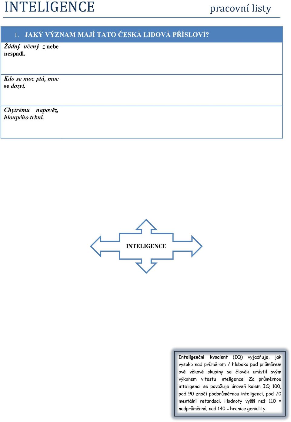INTELIGENCE Inteligenční kvocient (IQ) vyjadřuje, jak vysoko nad průměrem / hluboko pod průměrem své věkové skupiny se člověk