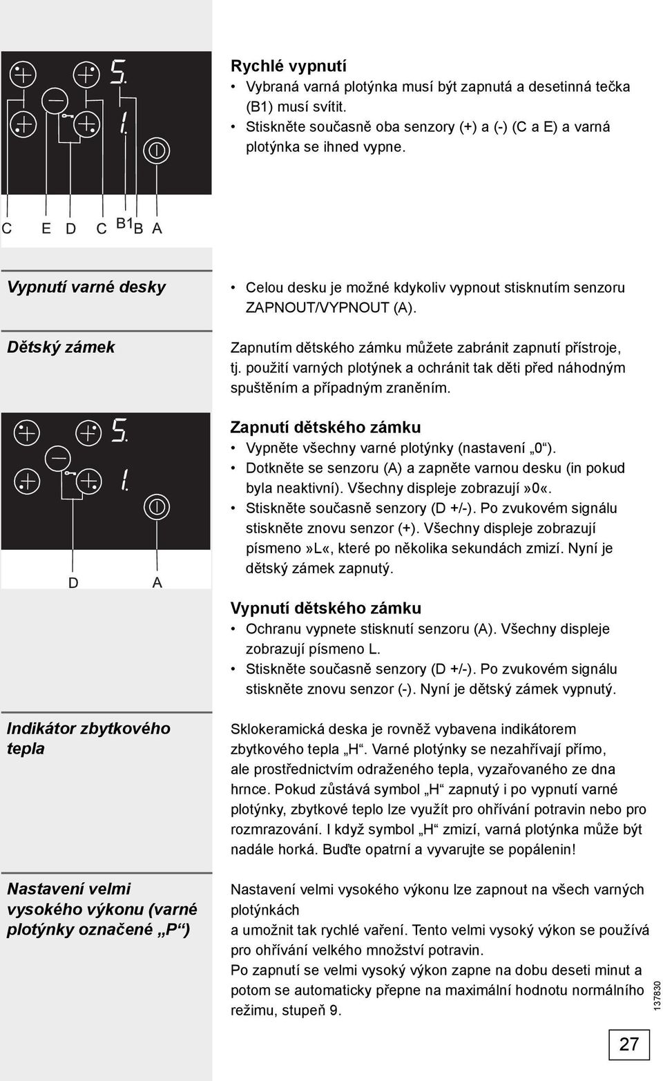 použití varných plotýnek a ochránit tak děti před náhodným spuštěním a případným zraněním. Zapnutí dětského zámku Vypněte všechny varné plotýnky (nastavení 0 ).