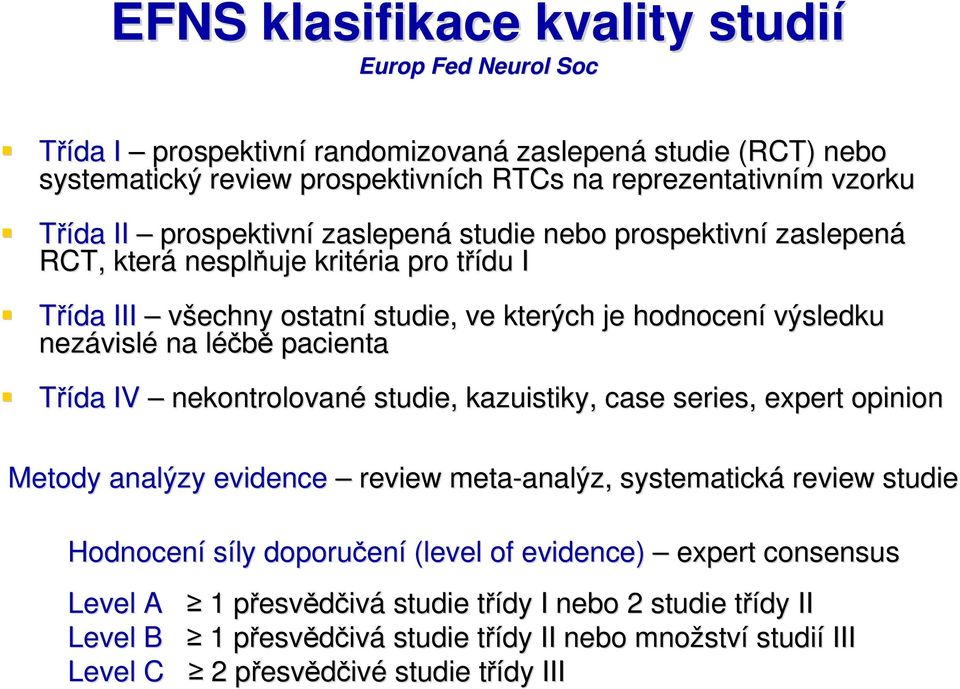 pacienta Třída IV nekontrolované studie, kazuistiky, case series,, expert opinion Metody analýzy evidence review meta-analýz, analýz, systematická review studie Hodnocení síly doporučen ení (level of