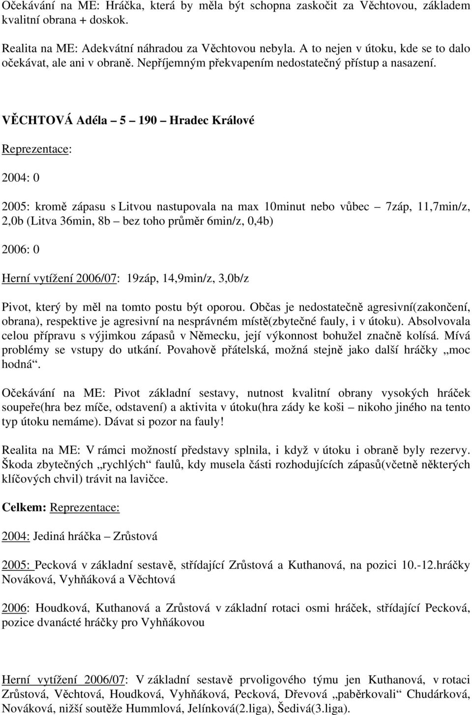 VĚCHTOVÁ Adéla 5 190 Hradec Králové Reprezentace: 2004: 0 2005: kromě zápasu s Litvou nastupovala na max 10minut nebo vůbec 7záp, 11,7min/z, 2,0b (Litva 36min, 8b bez toho průměr 6min/z, 0,4b) 2006: