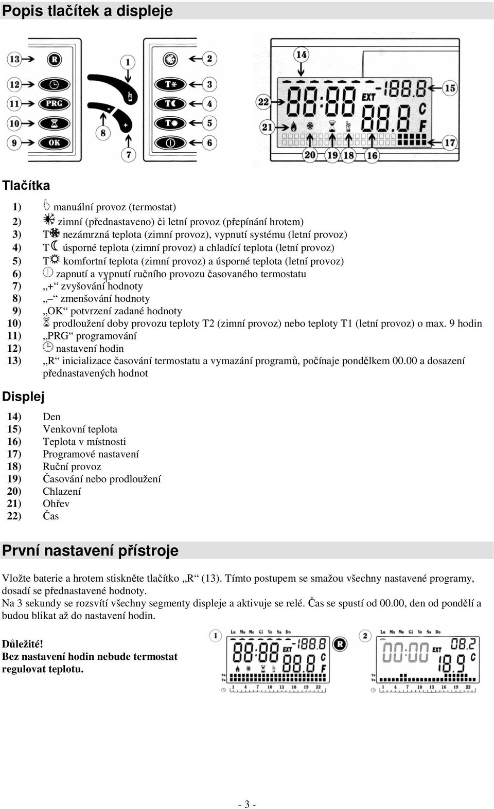 + zvyšování hodnoty 8) zmenšování hodnoty 9) OK potvrzení zadané hodnoty 10) prodloužení doby provozu teploty T2 (zimní provoz) nebo teploty T1 (letní provoz) o max.