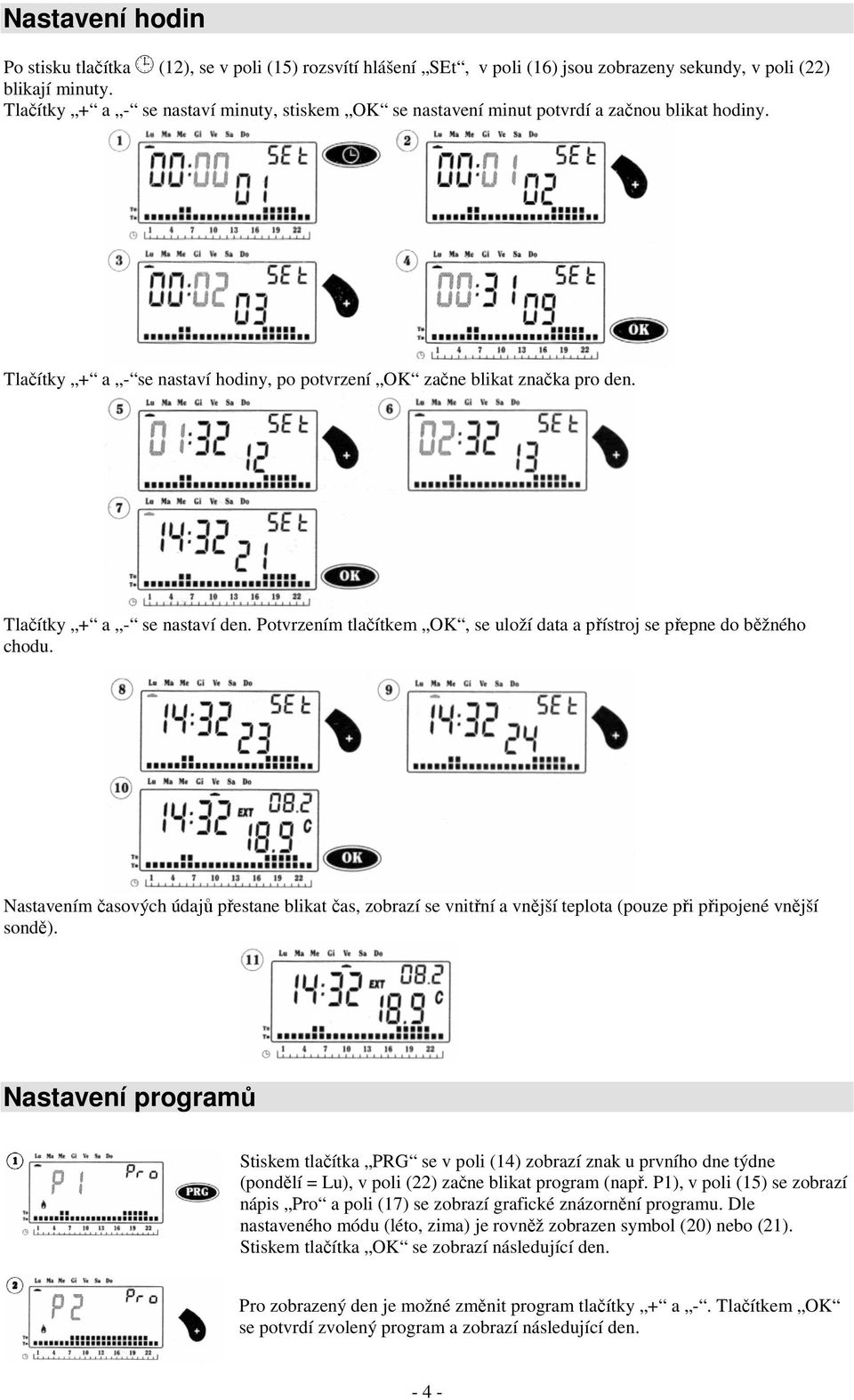 Tlačítky + a - se nastaví den. Potvrzením tlačítkem OK, se uloží data a přístroj se přepne do běžného chodu.