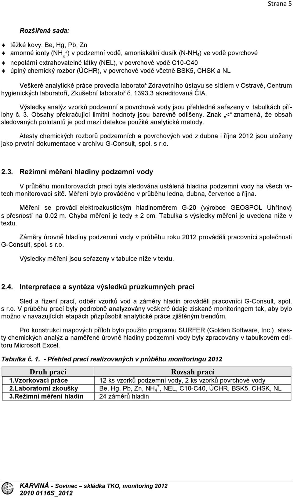 laboratoř č. 1393.3 akreditovaná ČIA. Výsledky analýz vzorků podzemní a povrchové vody jsou přehledně seřazeny v tabulkách přílohy č. 3. Obsahy překračující limitní hodnoty jsou barevně odlišeny.