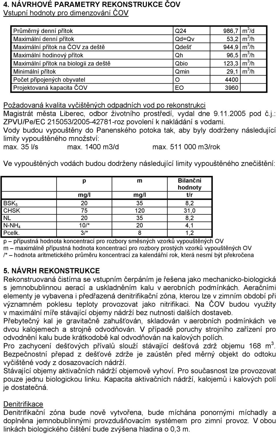 m3/h Požadovaná kvalita vyčištěných odpadních vod po rekonstrukci Magistrát města Liberec, odbor životního prostředí, vydal dne 9.11.2005 pod č.j.