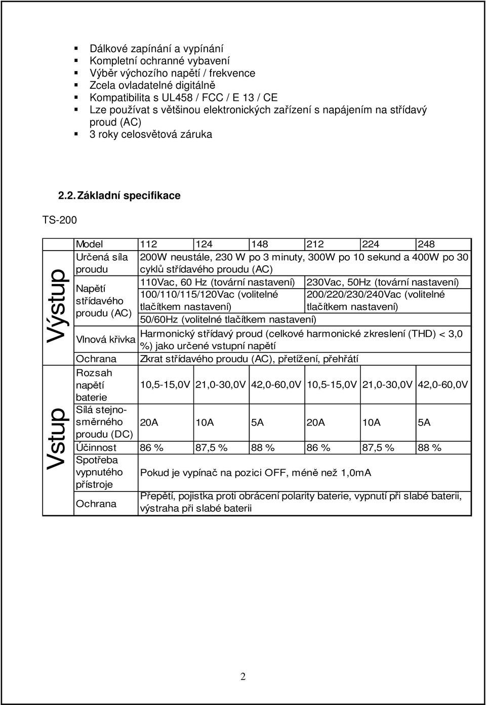 2. Základní specifikace TS-200 Výstup Vstup Model 112 124 148 212 224 248 Určená síla 200W neustále, 230 W po 3 minuty, 300W po 10 sekund a 400W po 30 proudu cyklů střídavého proudu (AC) 110Vac, 60