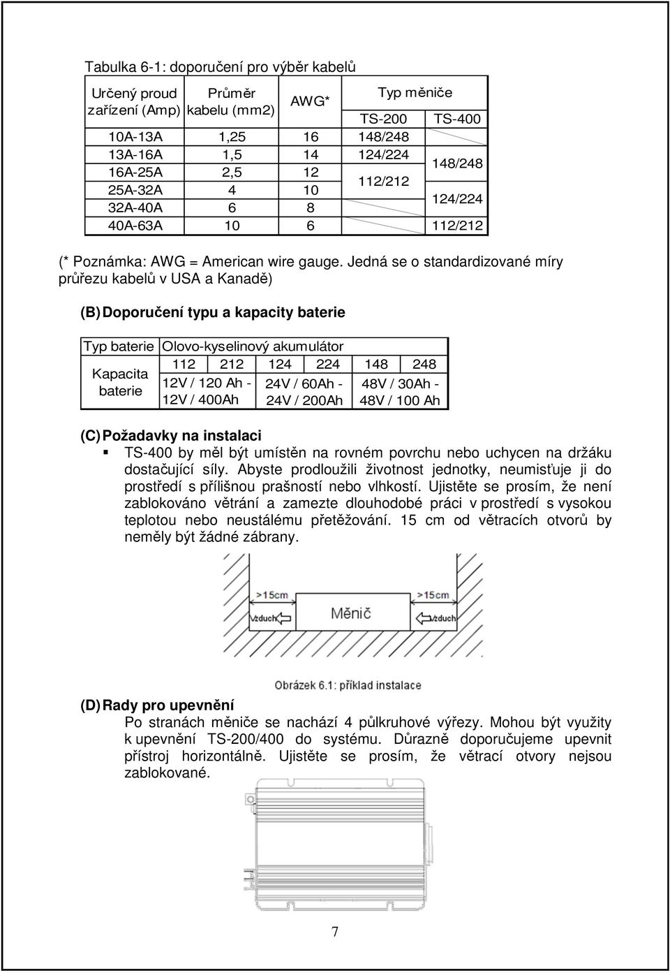 Jedná se o standardizované míry průřezu kabelů v USA a Kanadě) (B) Doporučení typu a kapacity baterie Typ baterie Kapacita baterie Olovo-kyselinový akumulátor 112 212 124 224 148 248 12V / 120 Ah -