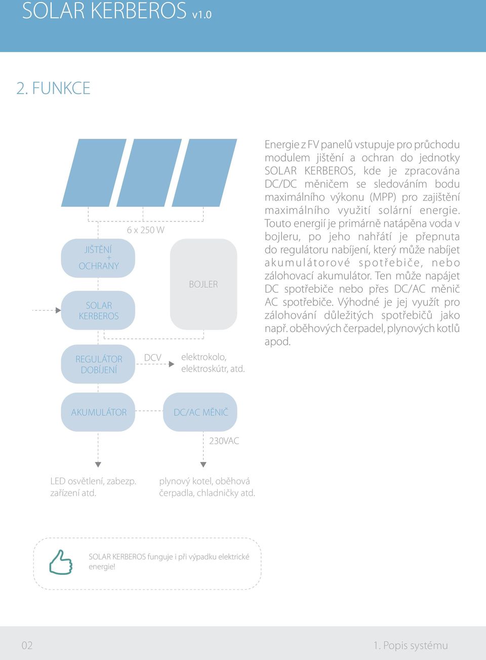 Touto energií je primárně natápěna voda v bojleru, po jeho nahřátí je přepnuta do regulátoru nabíjení, který může nabíjet a k u m u l á torové s p o t ř e b i č e, n e b o zálohovací akumulátor.