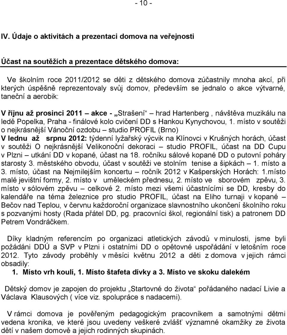 reprezentovaly svůj domov, především se jednalo o akce výtvarné, taneční a aerobik: V říjnu až prosinci 2011 akce - Strašení hrad Hartenberg, návštěva muzikálu na ledě Popelka, Praha - finálové kolo