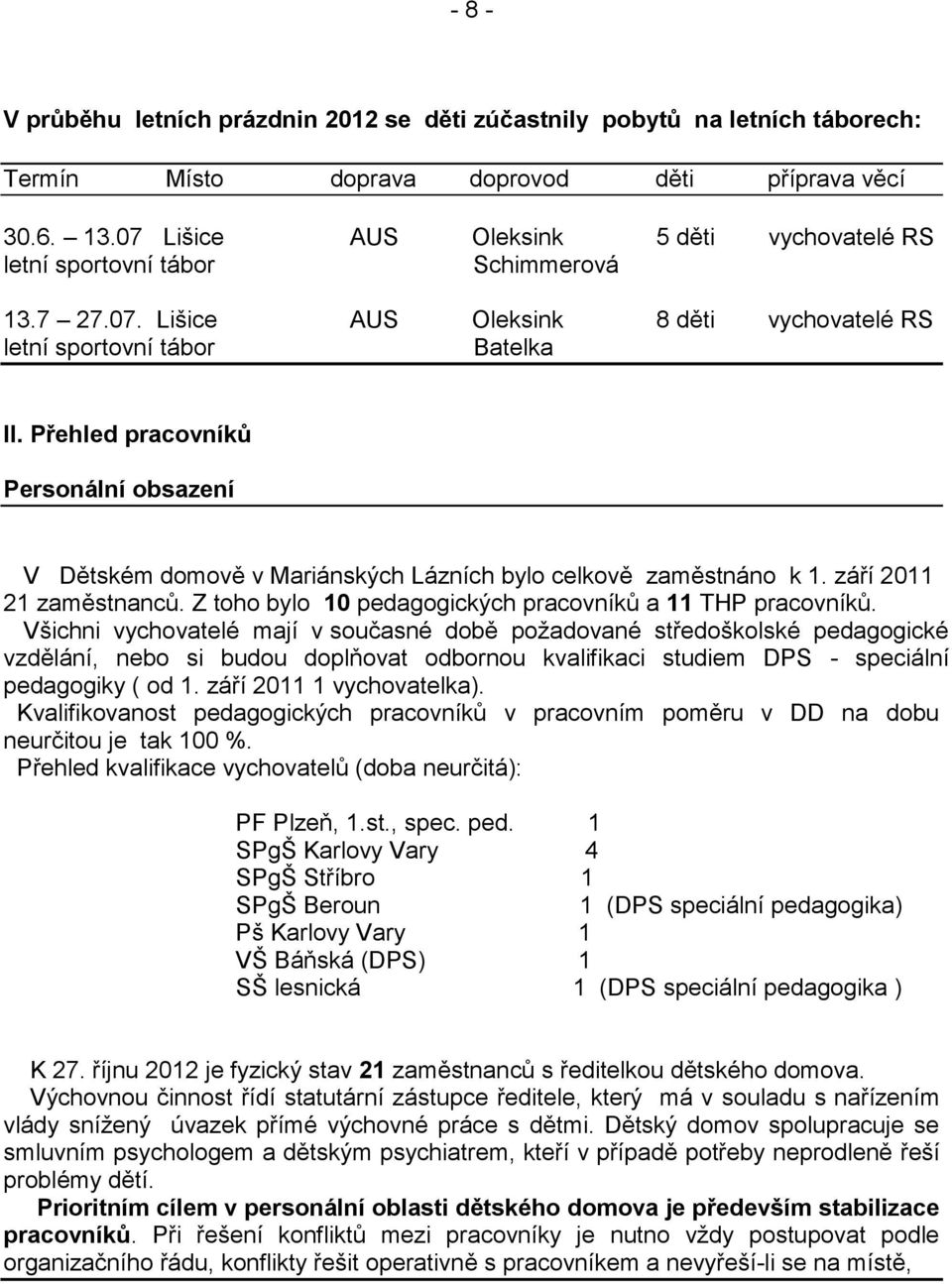 Přehled pracovníků Personální obsazení V Dětském domově v Mariánských Lázních bylo celkově zaměstnáno k 1. září 2011 21 zaměstnanců. Z toho bylo 10 pedagogických pracovníků a 11 THP pracovníků.
