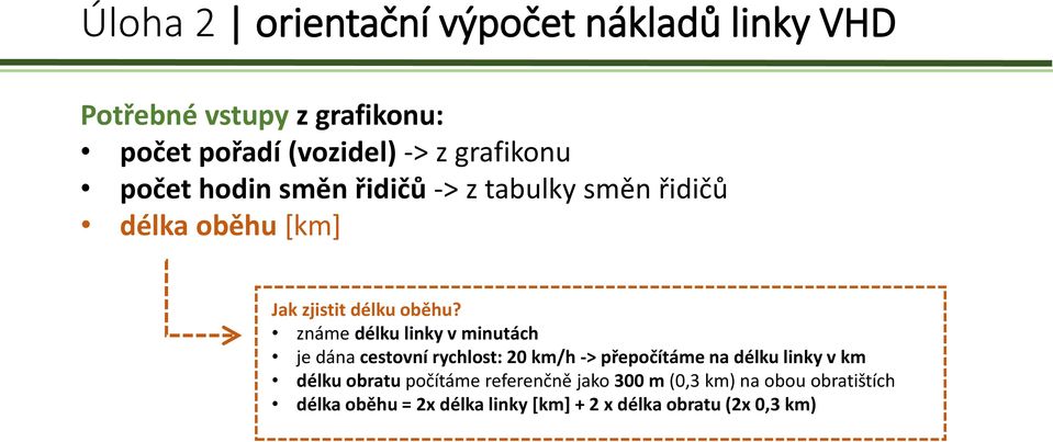 známe délku linky v minutách je dána cestovní rychlost: 20 km/h -> přepočítáme na délku linky v km