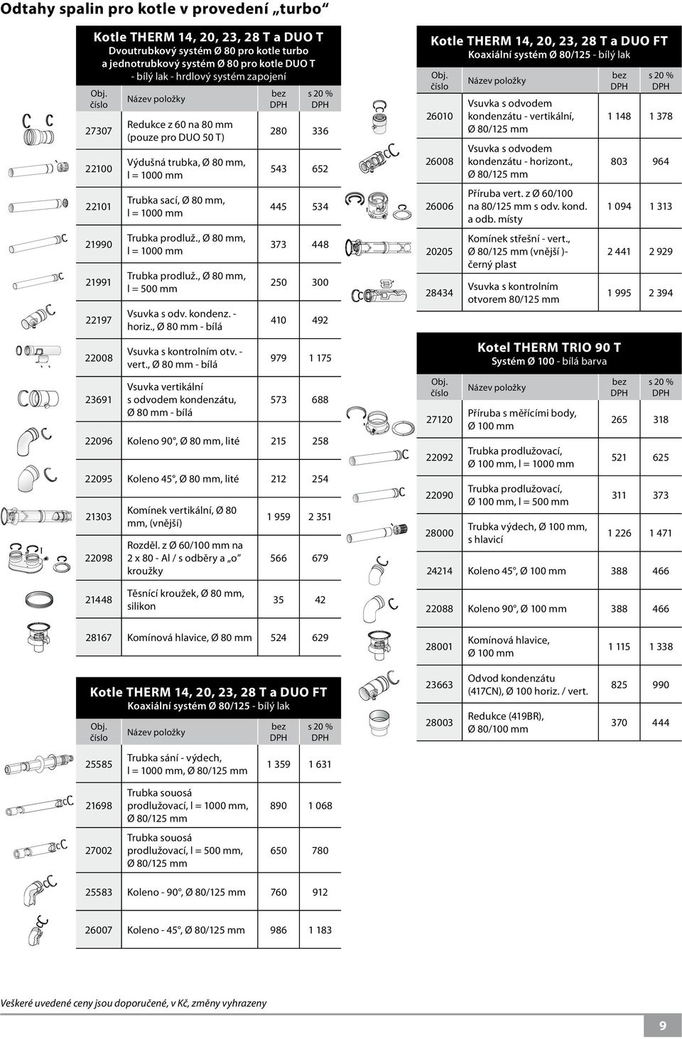 , Ø 80 mm, l = 1000 mm Trubka prodluž., Ø 80 mm, l = 500 mm Vsuvka s odv. kondenz. - horiz., Ø 80 mm - bílá Vsuvka s kontrolním otv. - vert.