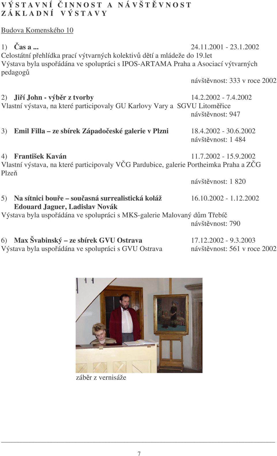 2.2002-7.4.2002 Vlastní výstava, na které participovaly GU Karlovy Vary a SGVU Litomice návštvnost: 947 3) Emil Filla ze sbírek Západoeské galerie v Plzni 18.4.2002-30.6.