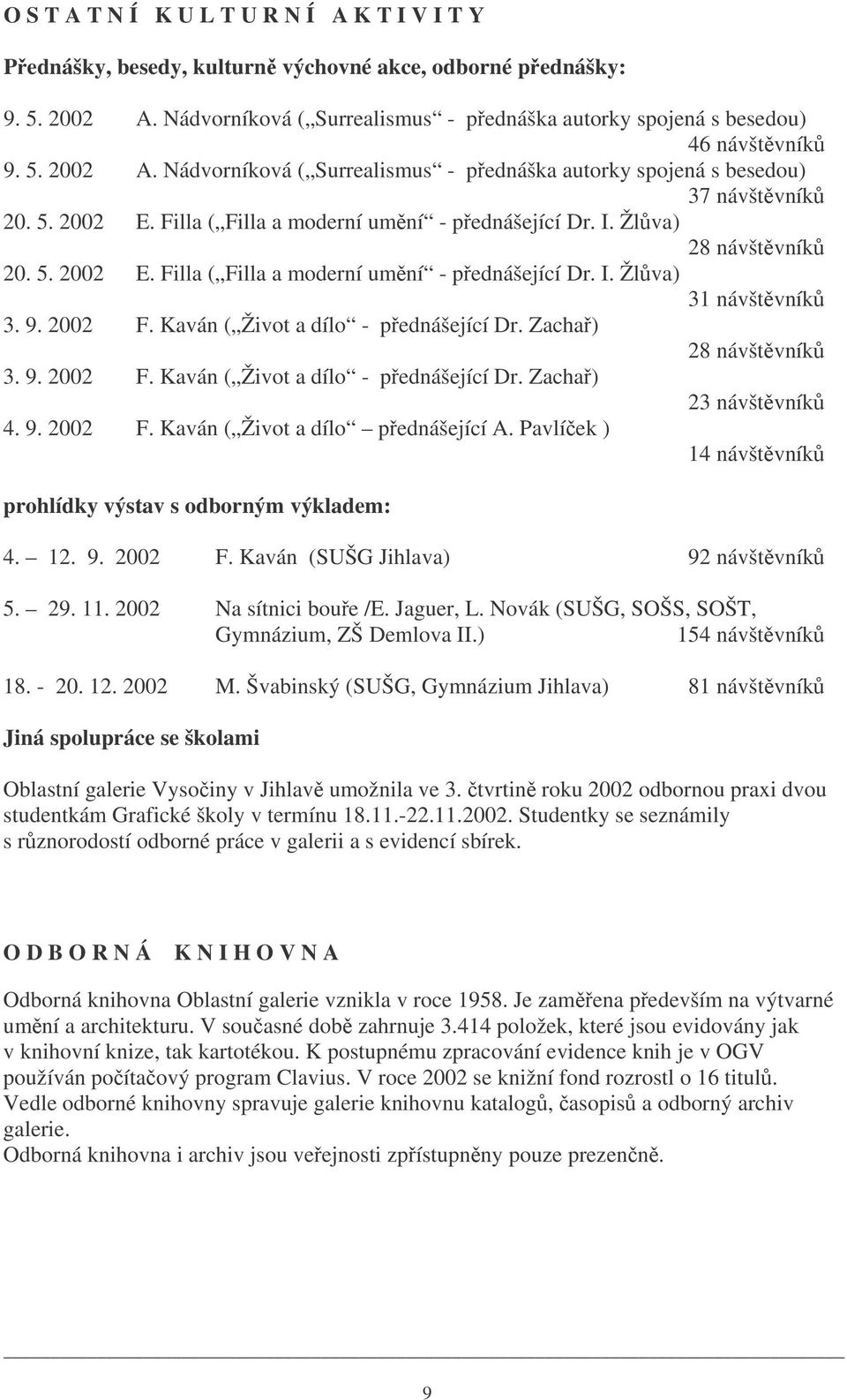 9. 2002 F. Kaván ( Život a dílo - pednášející Dr. Zacha) 28 návštvník 3. 9. 2002 F. Kaván ( Život a dílo - pednášející Dr. Zacha) 23 návštvník 4. 9. 2002 F. Kaván ( Život a dílo pednášející A.