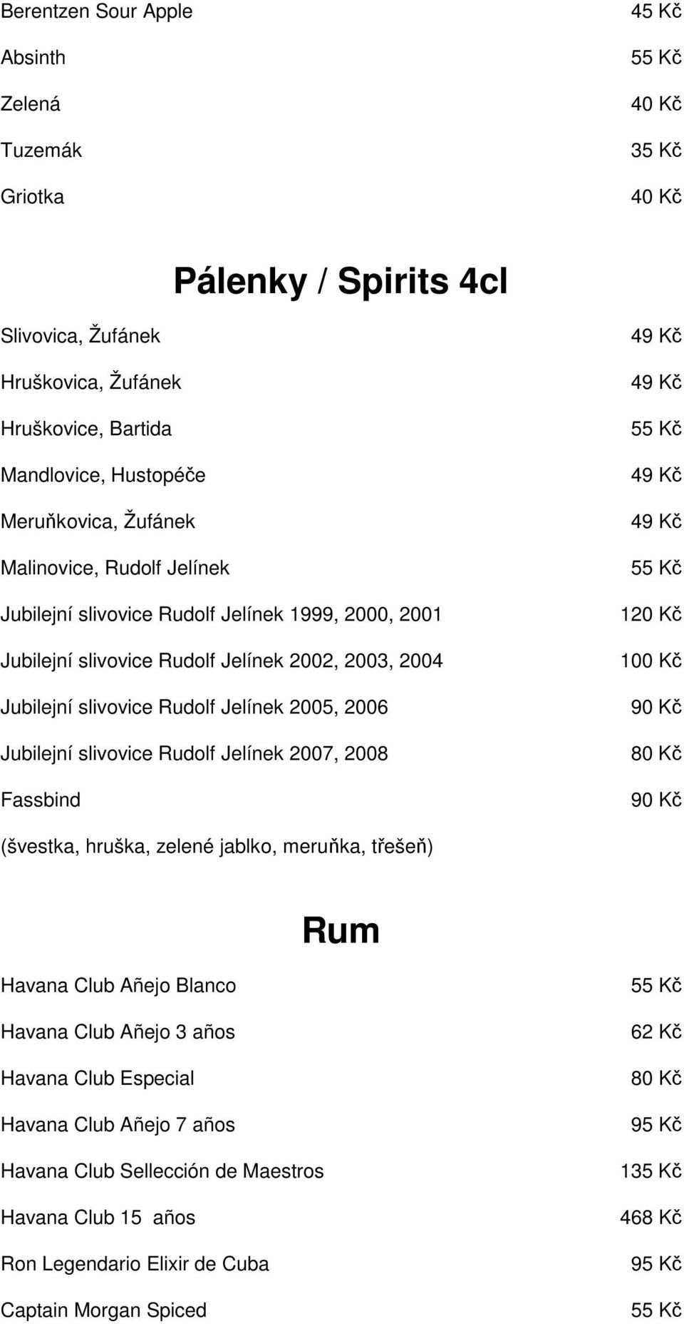 Jelínek 2005, 2006 Jubilejní slivovice Rudolf Jelínek 2007, 2008 Fassbind 100 Kč 90 Kč 90 Kč (švestka, hruška, zelené jablko, meruňka, třešeň) Rum Havana Club Añejo Blanco Havana