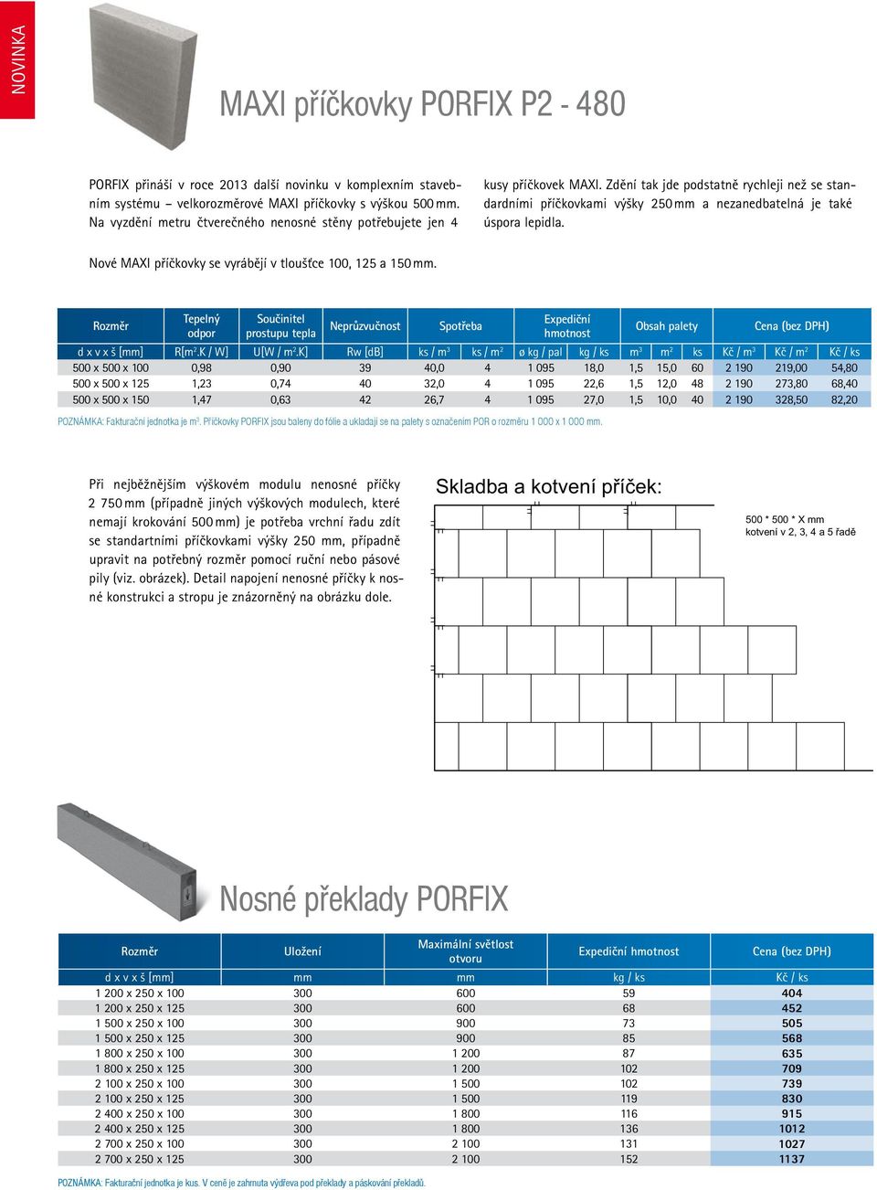 Nové MAXI příčkovky se vyrábějí v tloušťce 100, 125 a 150 mm. POZNÁMKA: Fakturační jednotka je m 3.