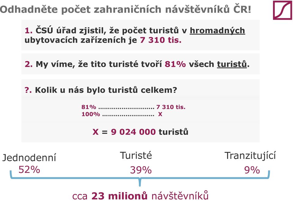 2. My víme, že tito turisté tvoří 81% všech turistů.