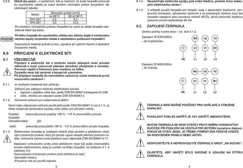 C 80 až 90 C TPH 25T 2,5 6,3 TPH 50T 5,0 12,5 Pro dodržení minimálního průtoku čerpadlem je nutné na výtlak čerpadla nainstalovat obtok (by-pass).