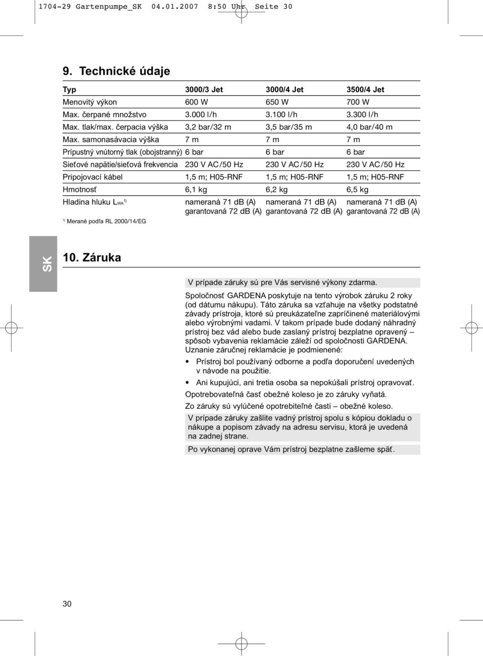 samonasávacia výška 7 m 7 m 7 m Prípustný vnútorný tlak (obojstranný) 6 bar 6 bar 6 bar Sieťové napätie/sieťová frekvencia 230 V AC/50 Hz 230 V AC/50 Hz 230 V AC/50 Hz Pripojovací kábel 1,5 m;