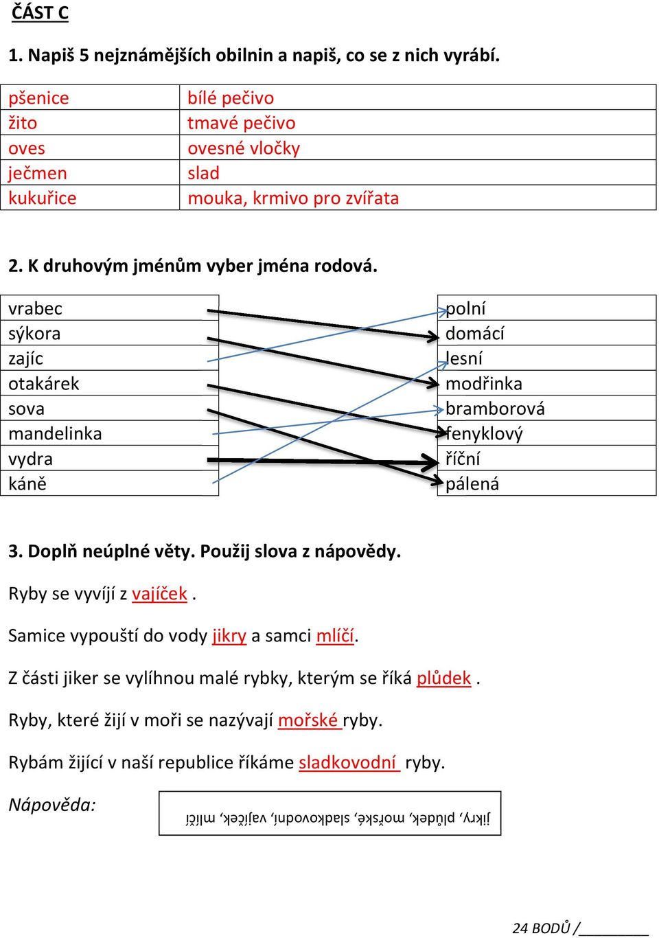 vrabec sýkora zajíc otakárek sova mandelinka vydra káně polní domácí lesní modřinka bramborová fenyklový říční pálená 3. Doplň neúplné věty. Použij slova z nápovědy.