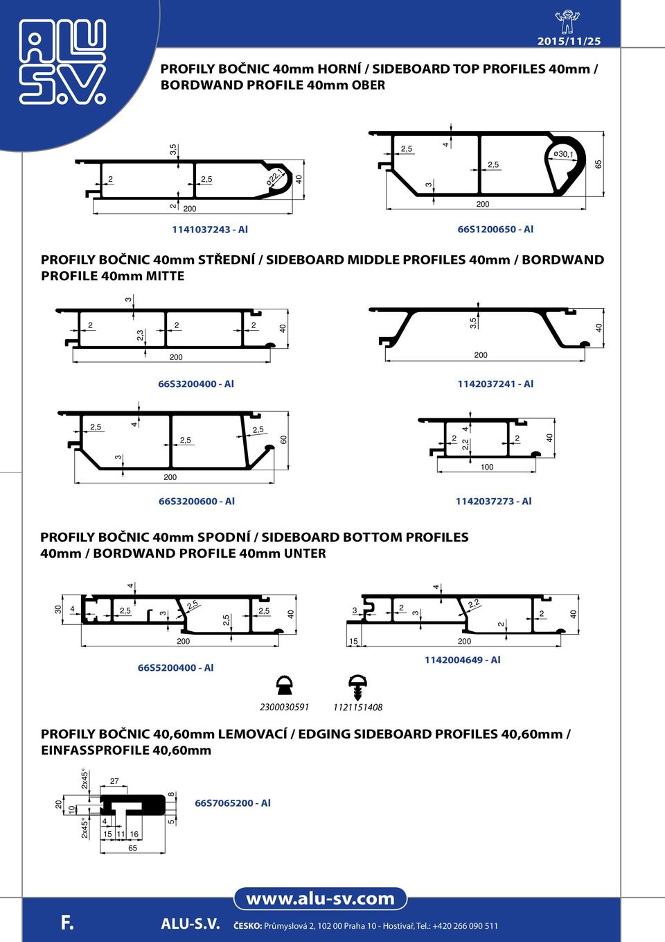 0mm spodní / SIDEBOARD bottom PROFILES 0mm / Bordwand Profile 0mm unter 0,,,, 0, 0 00 1 00 66S0000 - Al 16 - Al 00001 111110 PROFILY BOČNIC 0,mm