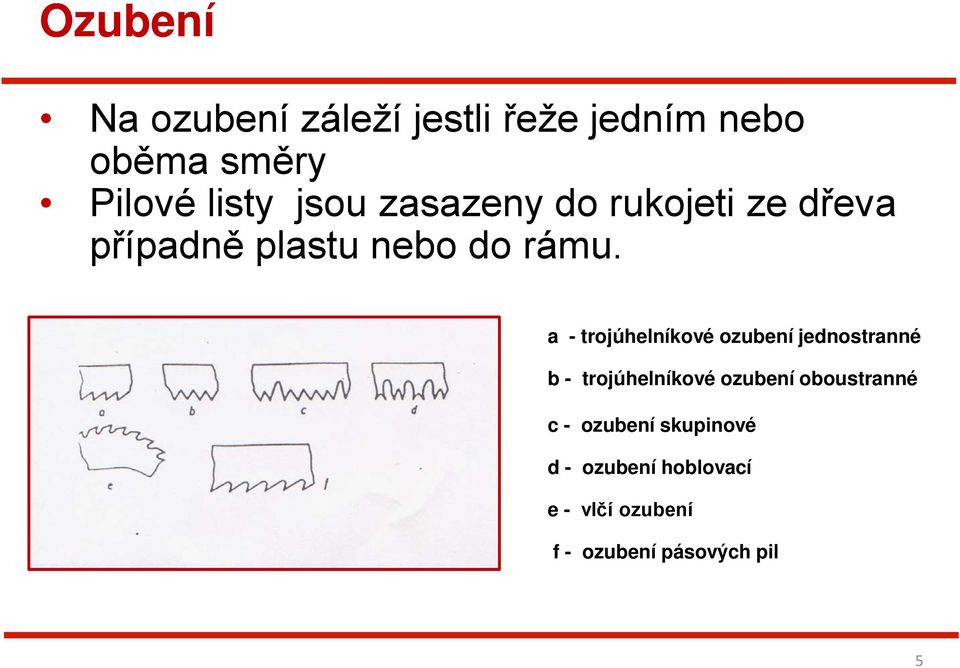 a - trojúhelníkové ozubení jednostranné b - trojúhelníkové ozubení