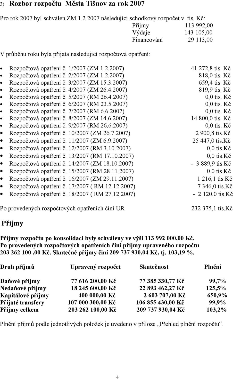 Kč Rozpočtová opatření č. 2/2007 (ZM 1.2.2007) 818,0 tis. Kč Rozpočtová opatření č. 3/2007 (ZM 15.3.2007) 659,4 tis. Kč Rozpočtová opatření č. 4/2007 (ZM 26.4.2007) 819,9 tis.