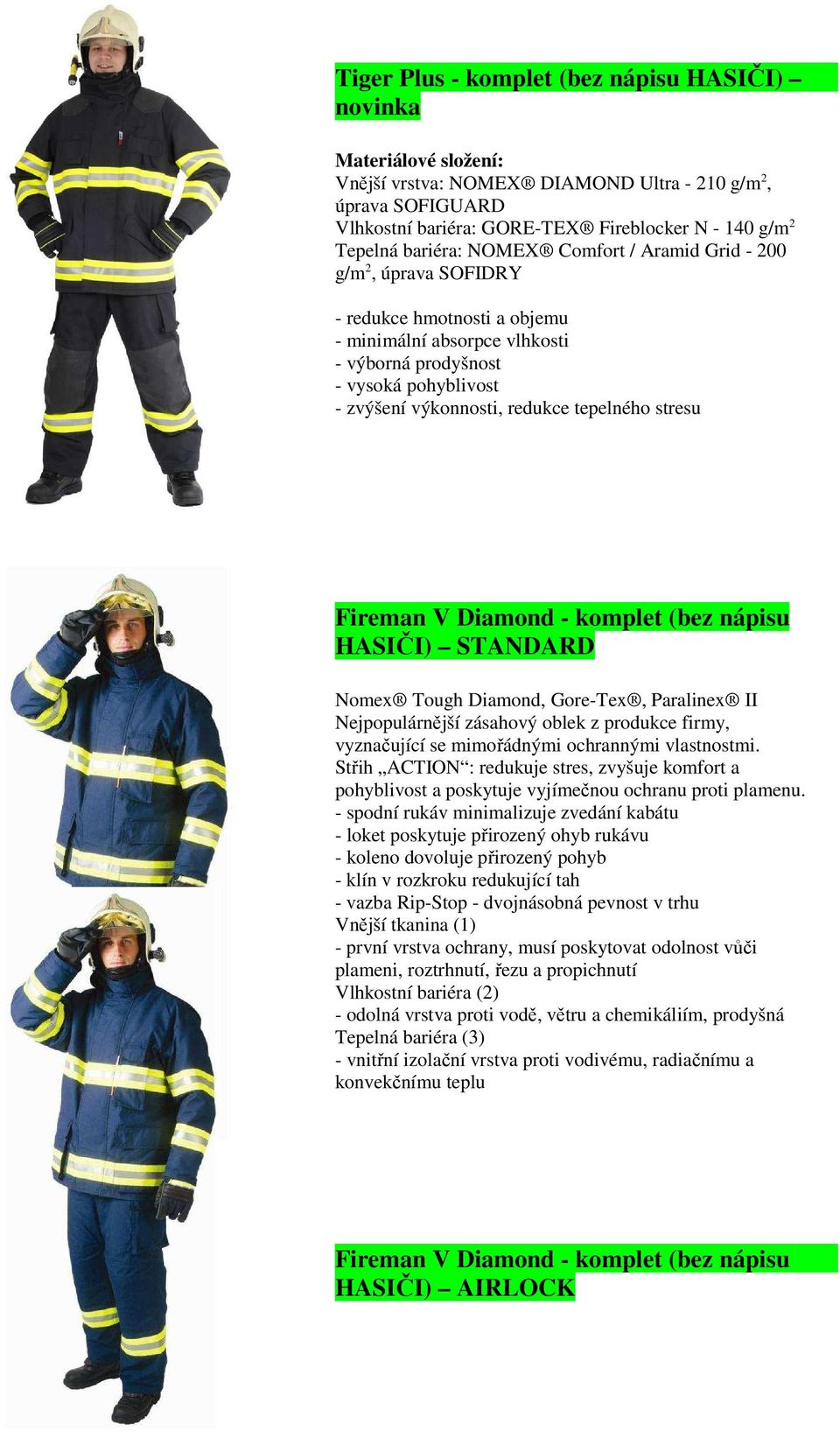 tepelného stresu Fireman V Diamond - komplet (bez nápisu HASIČI) STANDARD Nomex Tough Diamond, Gore-Tex, Paralinex II Nejpopulárnější zásahový oblek z produkce firmy, vyznačující se mimořádnými