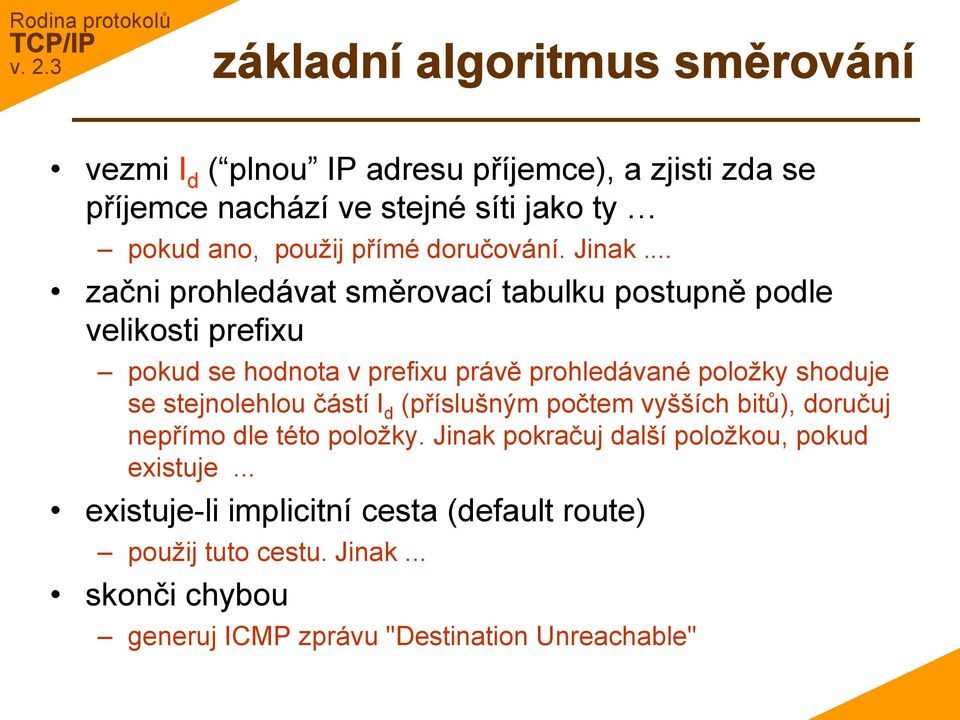 .. začni prohledávat směrovací tabulku postupně podle velikosti prefixu pokud se hodnota v prefixu právě prohledávané položky shoduje se