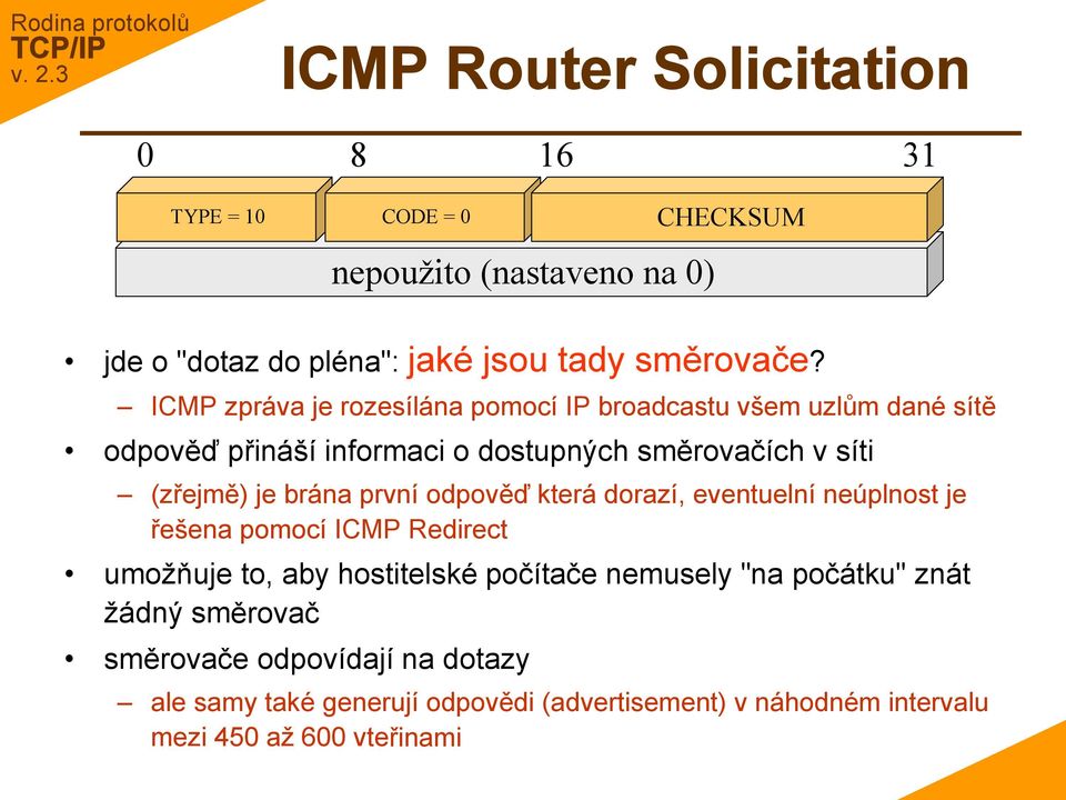 ICMP zpráva je rozesílána pomocí IP broadcastu všem uzlům dané sítě odpověď přináší informaci o dostupných směrovačích v síti (zřejmě) je brána