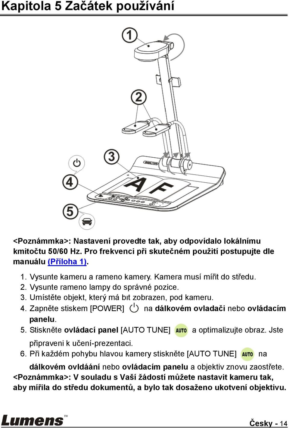 Zapněte stiskem [POWER] na dálkovém ovladači nebo ovládacím panelu. 5. Stiskněte ovládací panel [AUTO TUNE] a optimalizujte obraz. Jste připraveni k učení-prezentaci. 6.