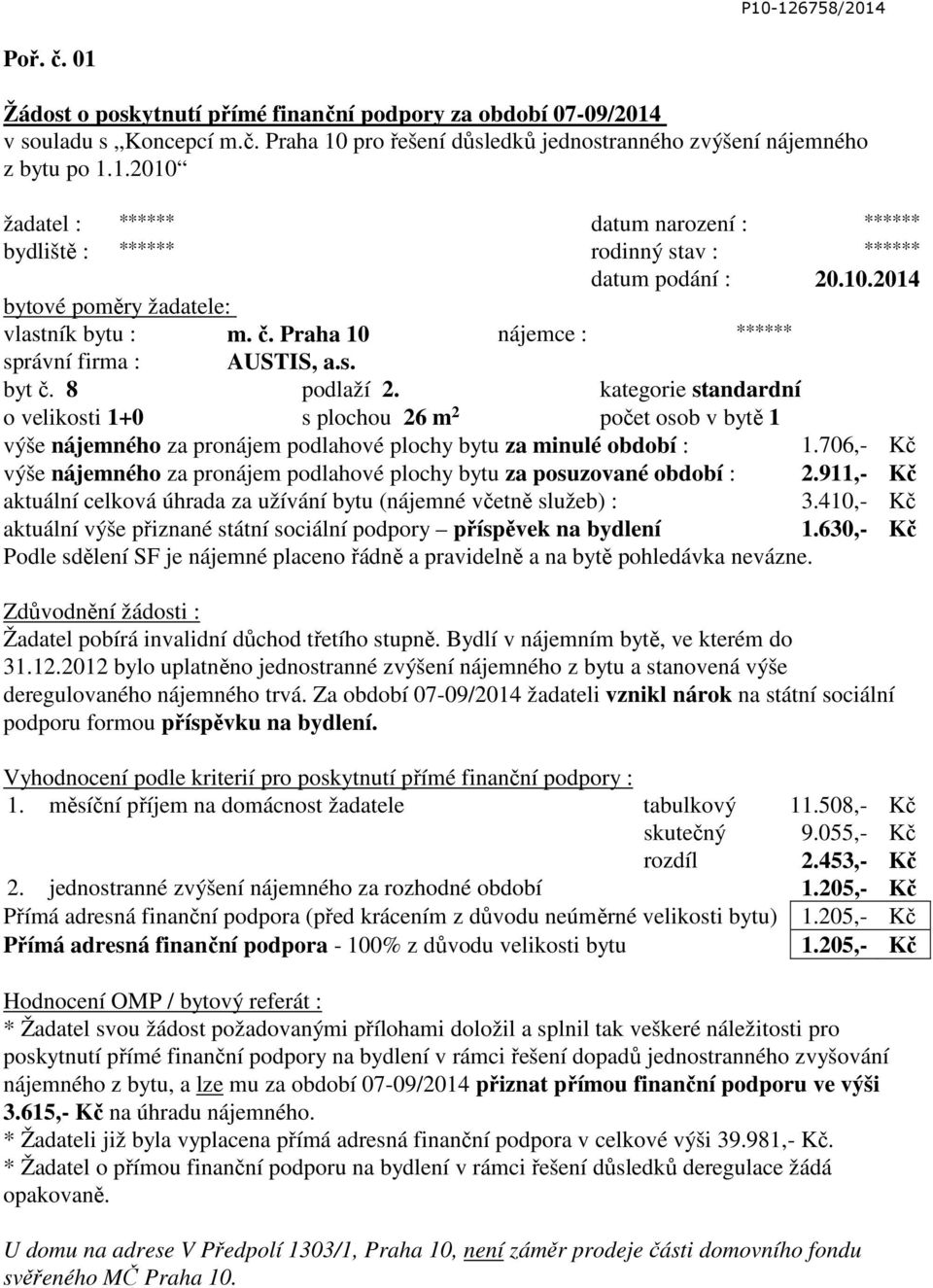 kategorie standardní o velikosti 1+0 s plochou 26 m 2 počet osob v bytě 1 výše nájemného za pronájem podlahové plochy bytu za minulé období : 1.