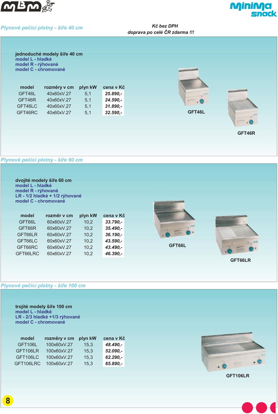 590,- GFT46L GFT46R Plynové peèící plotny - šíøe 60 cm dvojité modely šíøe 60 cm model R - rýhované LR - 1/2 hladké + 1/2 rýhované model rozmìr v cm plyn kw cena v Kè GFT66L 60x60xV.27 10,2 33.