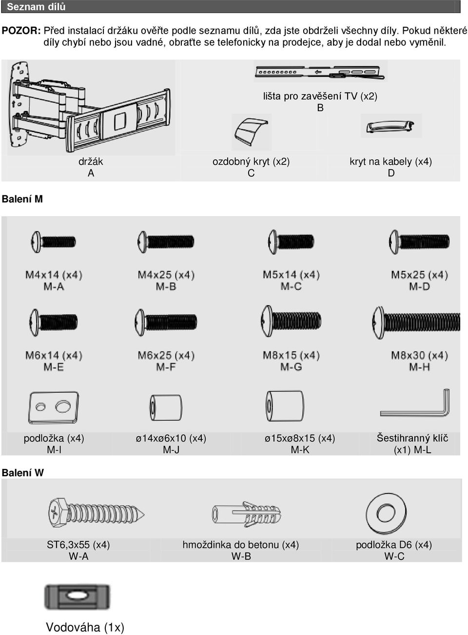 lišta pro zavěšení TV (x2) B držák A ozdobný kryt (x2) C kryt na kabely (x4) D Balení M podložka (x4) M-I ø14xø6x10