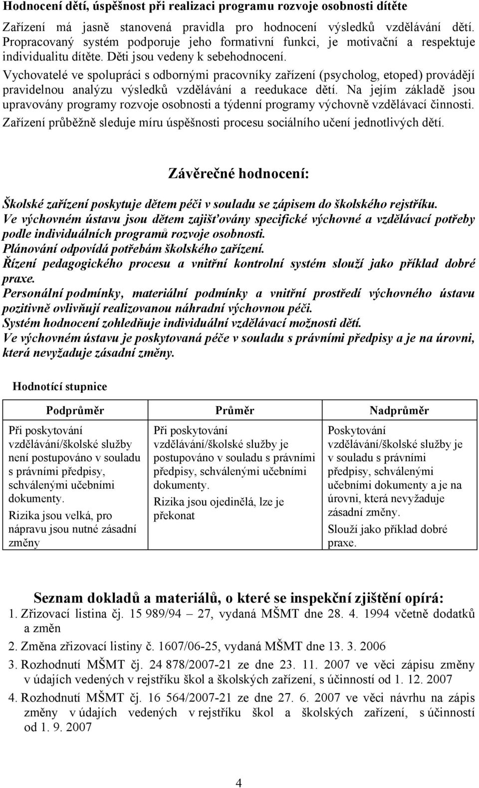 Vychovatelé ve spolupráci s odbornými pracovníky zařízení (psycholog, etoped) provádějí pravidelnou analýzu výsledků vzdělávání a reedukace dětí.