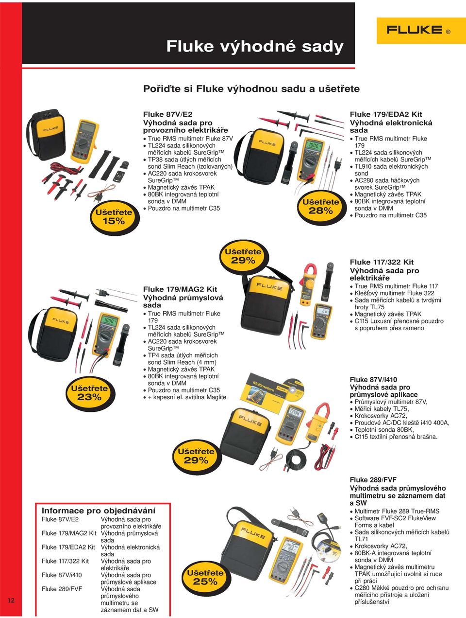 Fluke 179 TL224 silikonových měřících kabelů SureGrip TL910 elektronických sond AC280 háčkových svorek SureGrip Magnetický závěs TPAK 80BK integrovaná teplotní sonda v DMM Pouzdro na multimetr C35