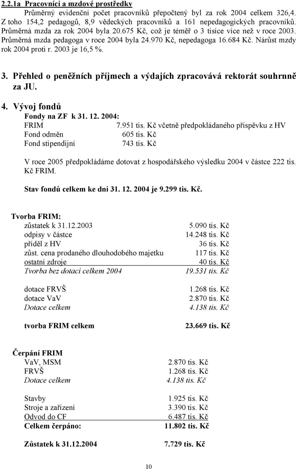 2003 je 16,5 %. 3. Přehled o peněžních příjmech a výdajích zpracovává rektorát souhrnně za JU. 4. Vývoj fondů Fondy na ZF k 31. 12. 2004: FRIM 7.951 tis.