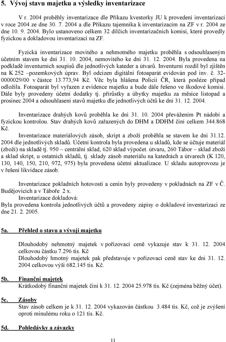 Fyzická inventarizace movitého a nehmotného majetku proběhla s odsouhlaseným účetním stavem ke dni 31. 10. 2004, nemovitého ke dni 31. 12. 2004. Byla provedena na podkladě inventurních soupisů dle jednotlivých kateder a útvarů.